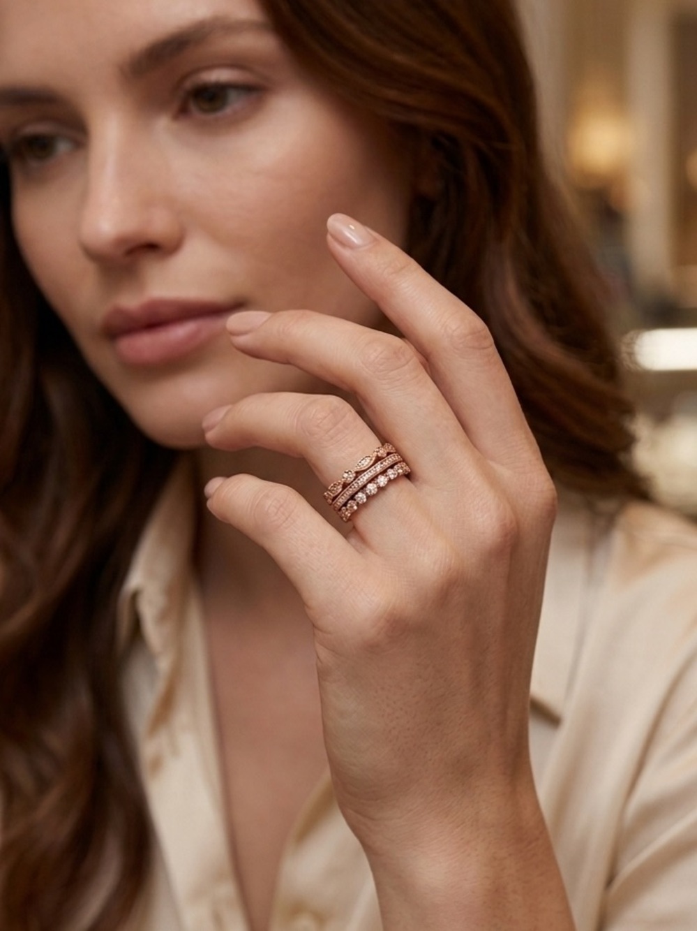Rose Gold Sterling Silver Lab Diamond 3-Ring Stack Set Vintage Design